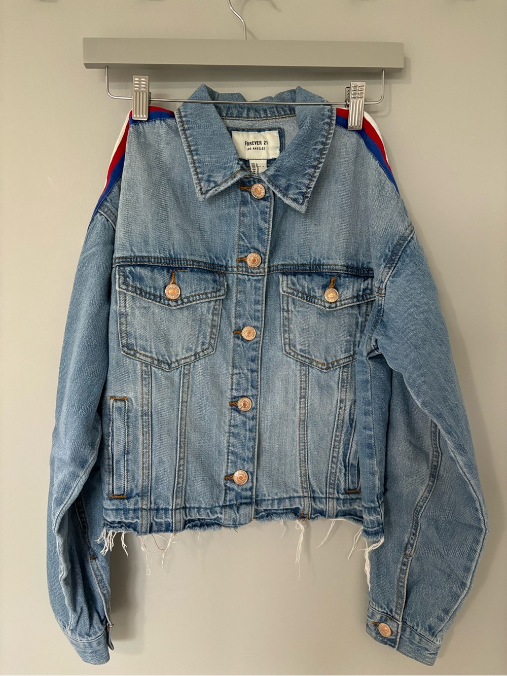 Forever 21 Light Blue Denim Jacket with Red & Blue Shoulder Stripes